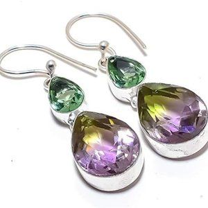 Ametrine, Green Amethyst Gemstone German Silver, Earring 1.9"